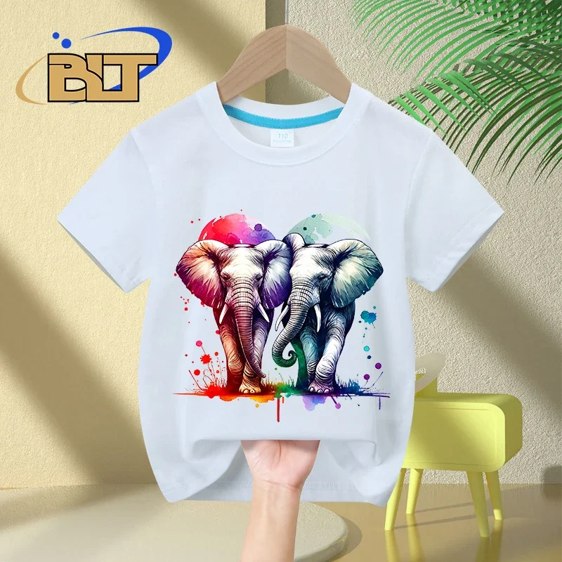 Watercolor Entwined Elephants Printed Kids T-shirt Summer Children's Cotton Short-sleeved Casual Tops for Boys and Girls
