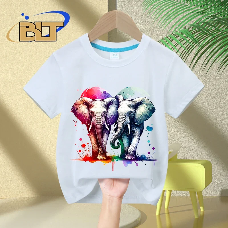 Camiseta infantil de manga curta, estampa aquarela, elefantes entrelaçados, tops casuais para meninos e meninas, verão