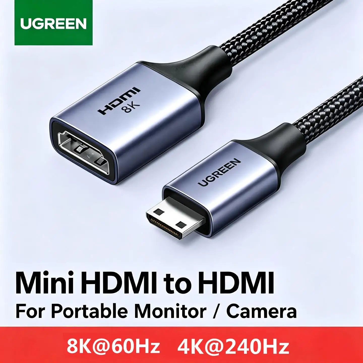 UGREEN Mini HDMI Male To HDMI2.1 Female Adapter Cable 20cm 4K 8K Converter Braided Notebook Computer Monitor Projector Camera TV