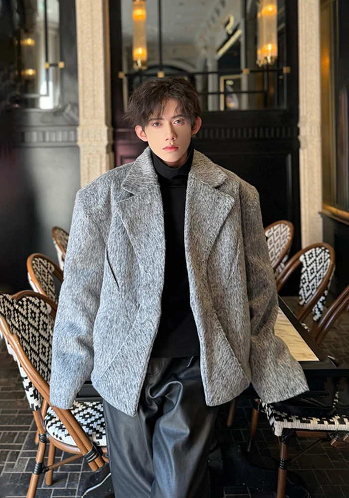 

Men's ort Woolen Suit Jaet ey Cotton Warmth Faionable Autumn Winter Korean Sle Casual Wear Polyester Fiber Coat