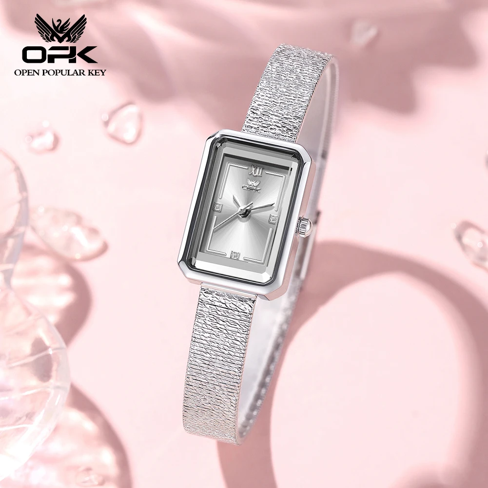 OPK 6075 Original Quartz Movement Women Sliver Watch Fresh Pastel Dial Octagonal Faceted Crystal Mesh Belt 30m Waterproof Watch
