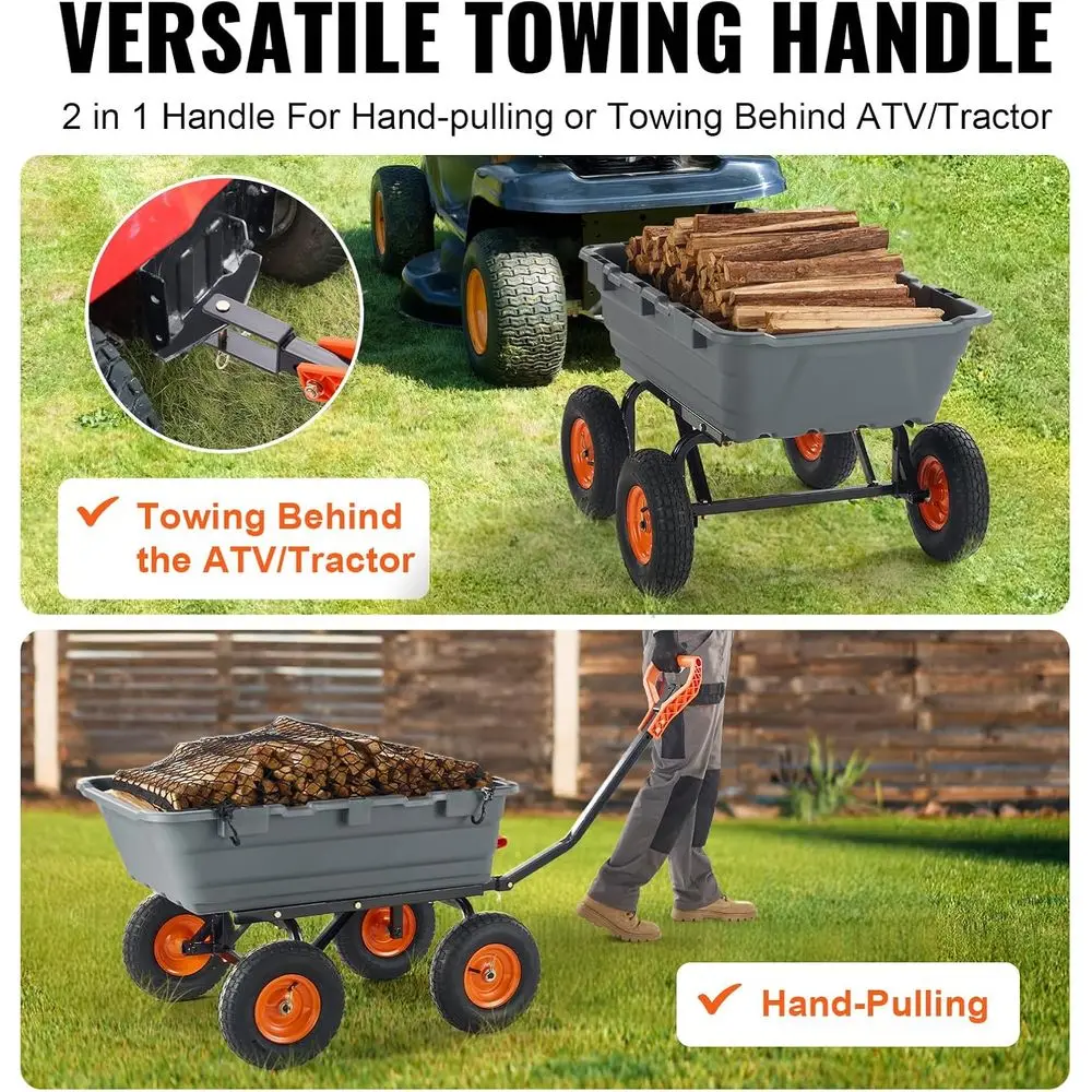 Poly Garden Cart with Steel Frame, 1200 lbs Capacity, Dual-Function Handle, 13 Wheels