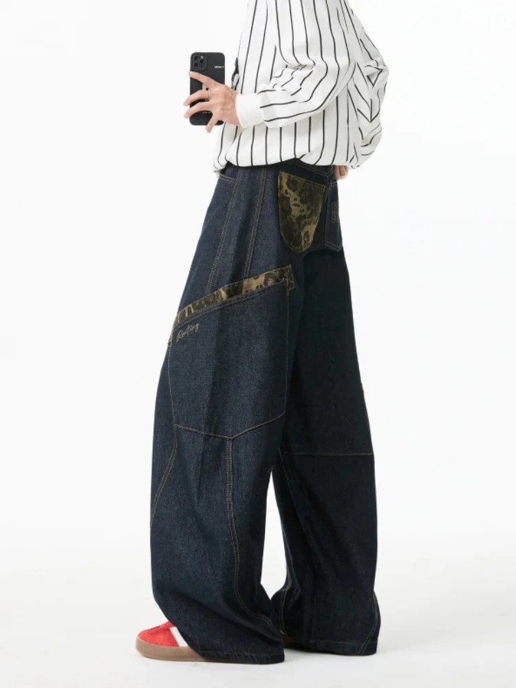 

Мужские джинсы с леопардовым принтом и вставками, широкие штанины, прямой крой, повседневные рабочие брюки в американском стиле Cleanfit для весны и осени