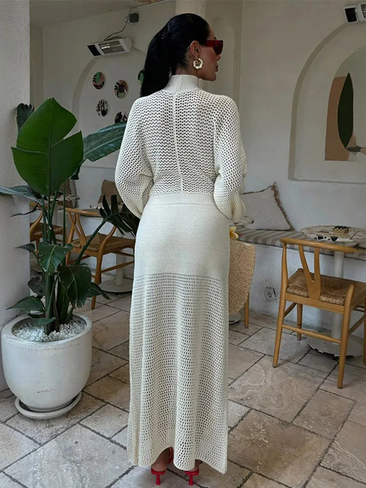 Women sexy Hollow Knitted  Cut Out Bell Long Dress Fashion Full Sleeve High Waist Patchwork Dresses Lady Chic Beach Robes