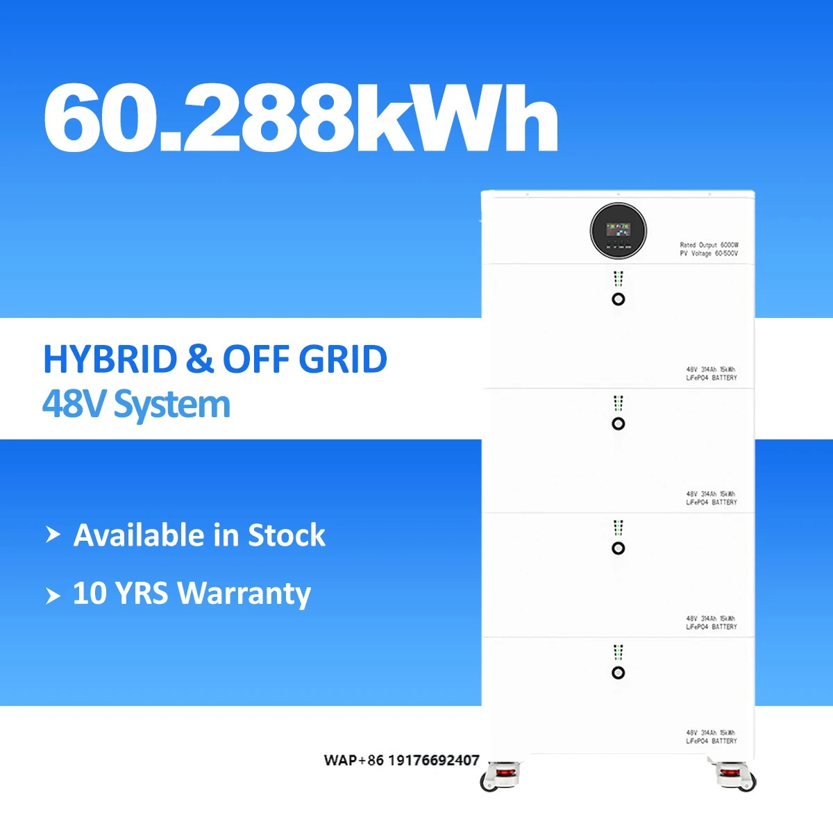 Commercial Stackable Hybrid Grid Solar System 60kWh LiFePO4 Battery 48V 6000W Inverter Peak Shaving Energy Management