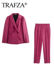 TRAFZA Female 2 Piece Set Long Sleeve Buttons Back Belt Design Texture Blazer+Fashion Elastic Waist Pockets Solid Pants Mujer