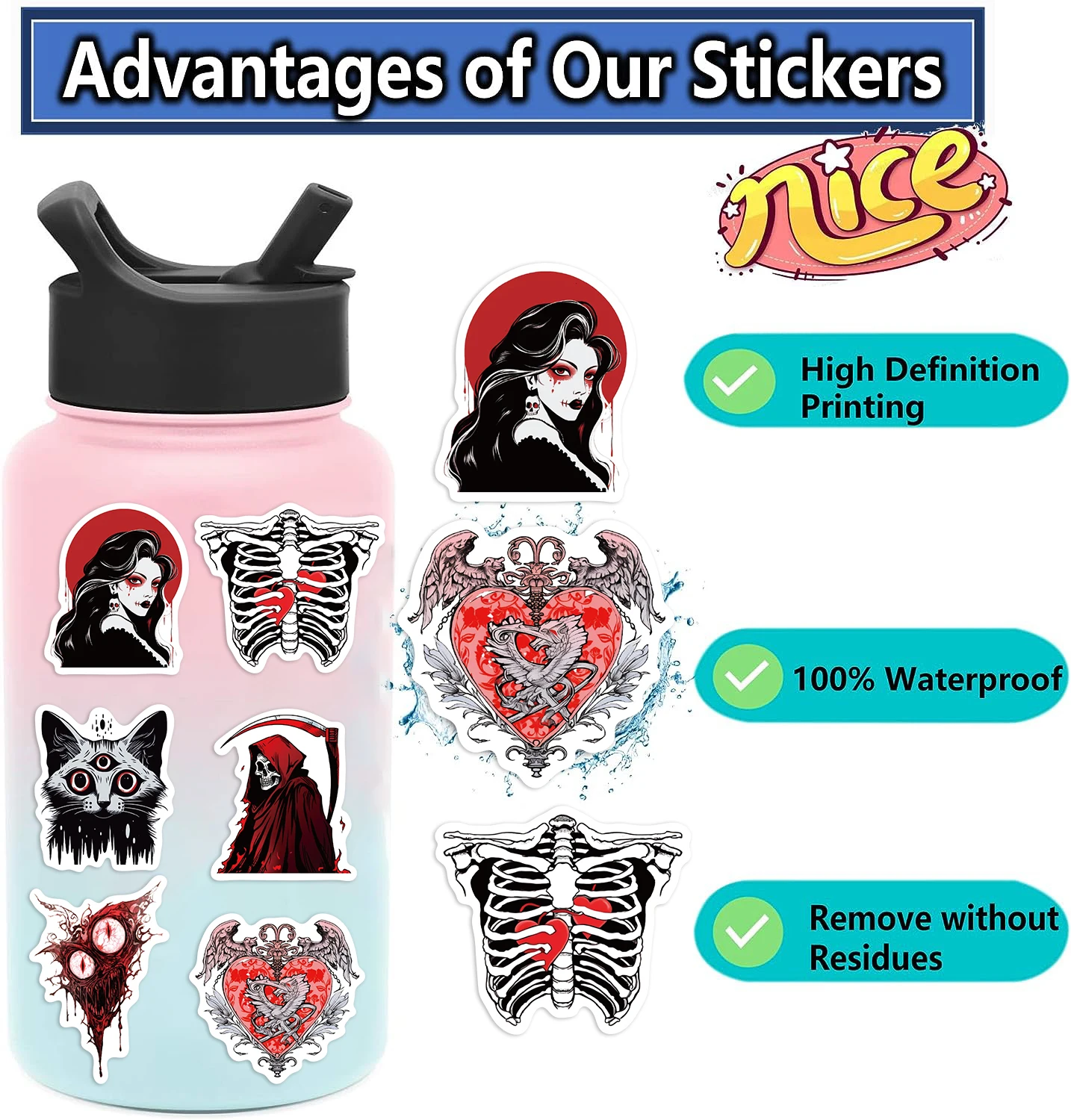 50pcs Horror Skull Gothic Stickers Aesthetic Graffiti Stickers Luggage Skateboard Laptop  Guitar Sticker Decals