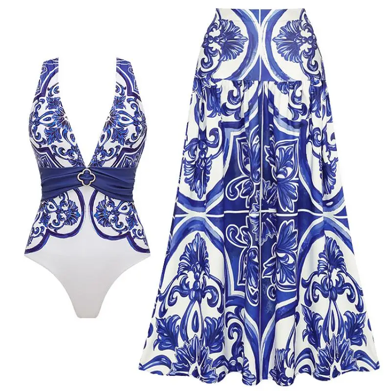 Women One Piece Swimsuit and Pants or Shorts Flaxmaker Sexy V Neck Classic Majolica Series Pattern Print Swimwear Sets 2025