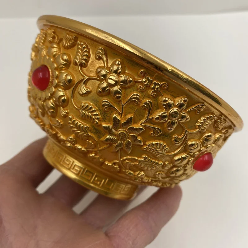 Golden Bowl Silver Bowl Qing Dynasty Sea Animal Pattern Po-Phase Flowers Inlaid Jewel Golden Bowl Gilding Golden Bowl Pure Coppe