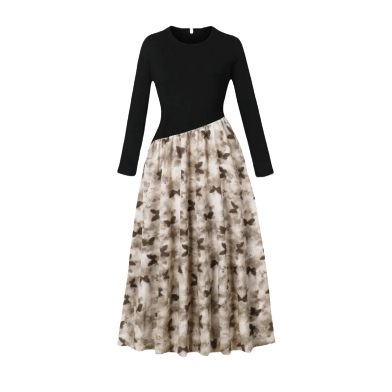 

High end French floral dress with feminine temperament, slimming long sleeved printed large swing skirt, long skirt