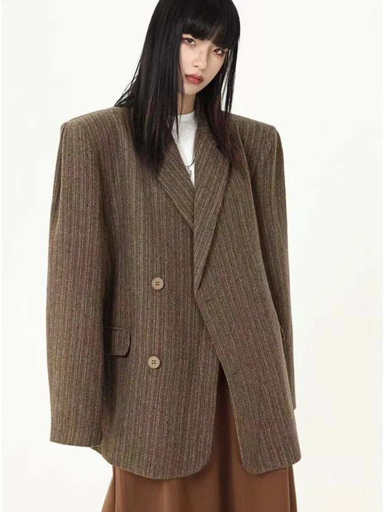 

Vintage Faux Wool Suit Jacket Women Korean Chic Office Ladies Single Button Casual Outerwear Y2K Loose Streetwear All Match Coat