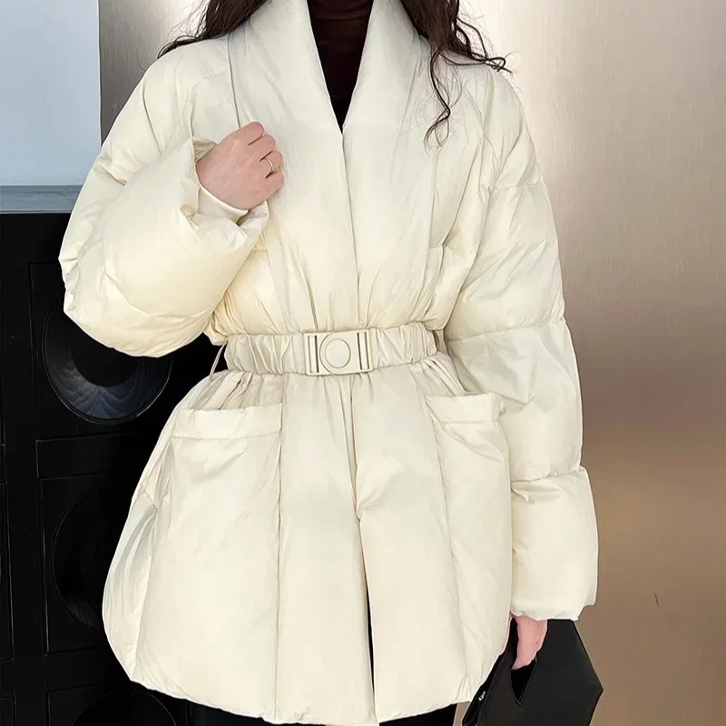 Chic and Elegant Women\'s Winter Jacket  with Elastic Belt V Neck Down Coats Big Pocket Black Warm Clothes Doudoune Femme Luxe