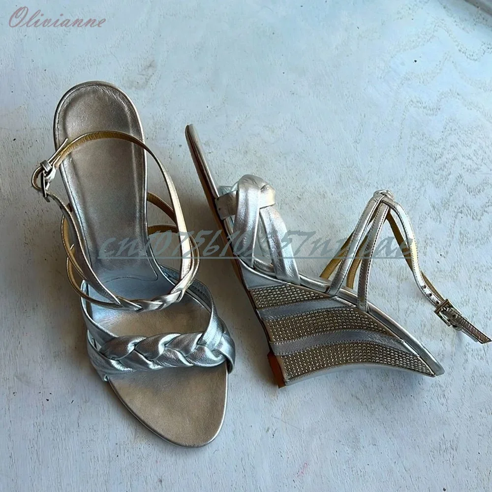 

Crystal Wedges High Heel Sexy Sliver Weaving Desing Open Toe Sandals Hot Girls Ankle Buckle Women Shoes 2025 Summer Para Mujere