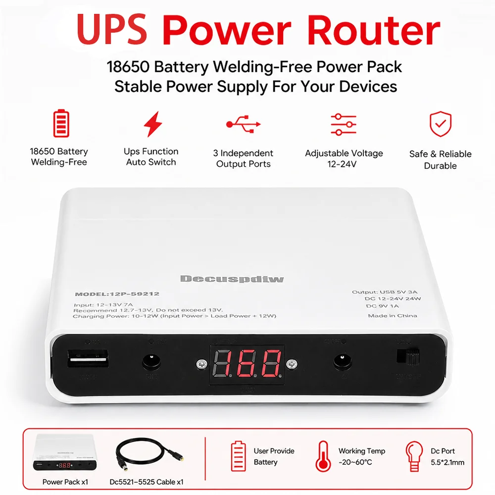 Solderless DC Backup Power Supply 12 Cell 18650 5V 3A 9V 1A 12V-24V Adjustable for Router Modem NAS No Battery