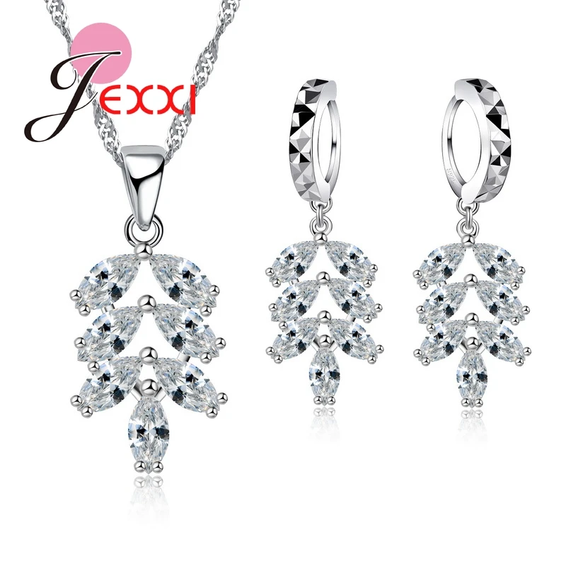 Gifts Women Party Interesting Leaves Design AAA CZ Earring/Necklace Pendant 925 Sterling Silver Jewelry Set