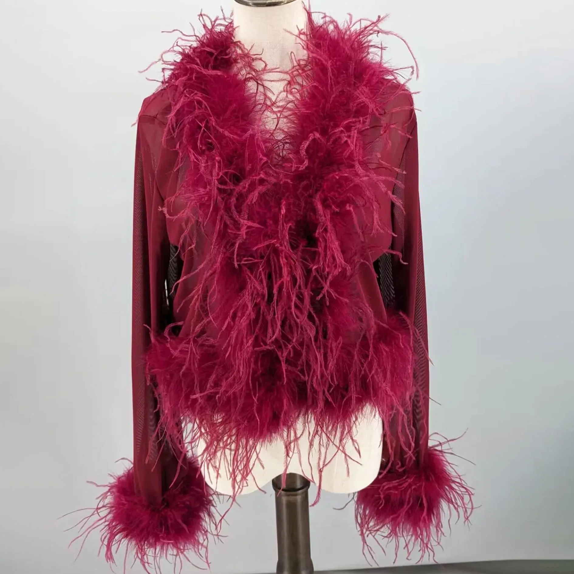 Women See-Through Top with Real Ostrich Feather Brown Black Cropped Jacket Top Bolero 240711