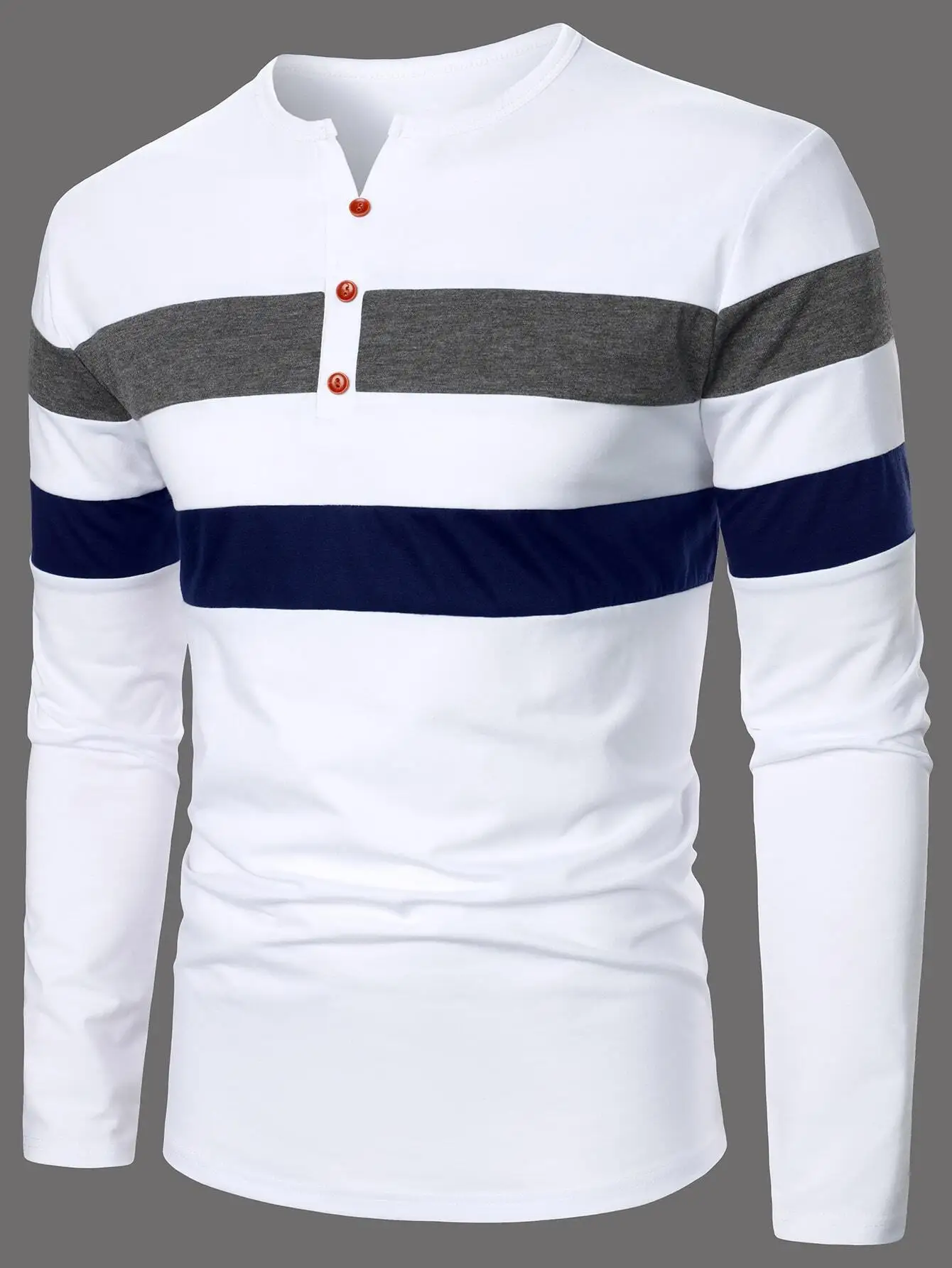 

Мужская футболка-хенли с длинным рукавом, с цветными полосками, повседневный крой, полиэстер, осенний сезон