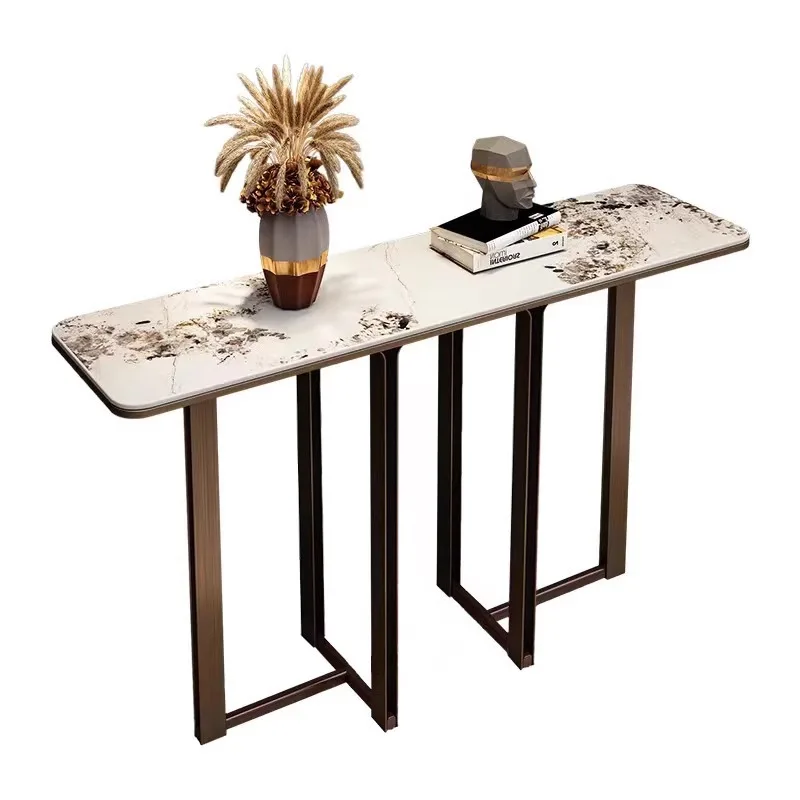 

y is opposite the door, light luxury end-view table, living room against the wall, rock slab stainless steel enigma