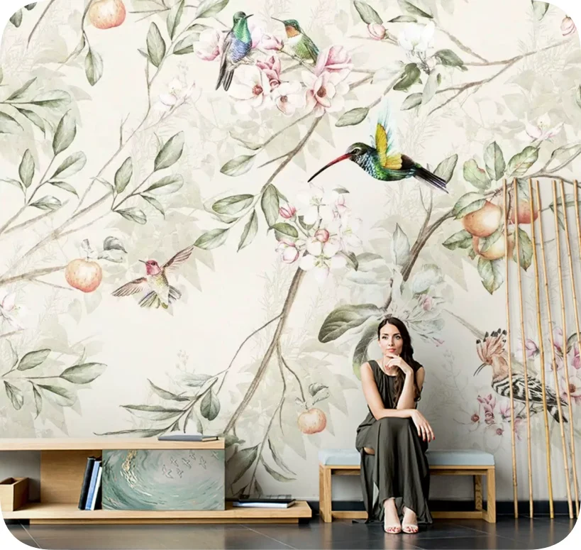 Customized Wallpaper Light Luxury Bird Fruit Tree Mural Flower leaf Living Room Bedroom Study Background Decorative Wallpaper
