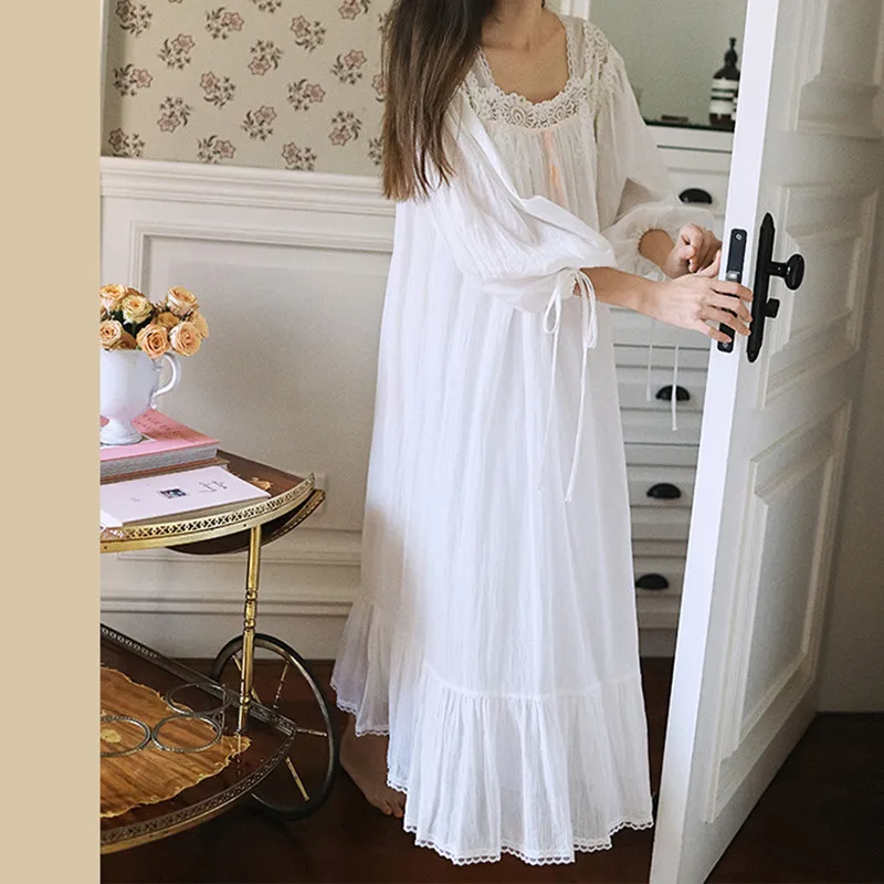 2024 Princess Victotria White Long Nightgowns French Sexy Lace Square Collar Nightdress Spring Full Sleeves Cotton Loose Nightie