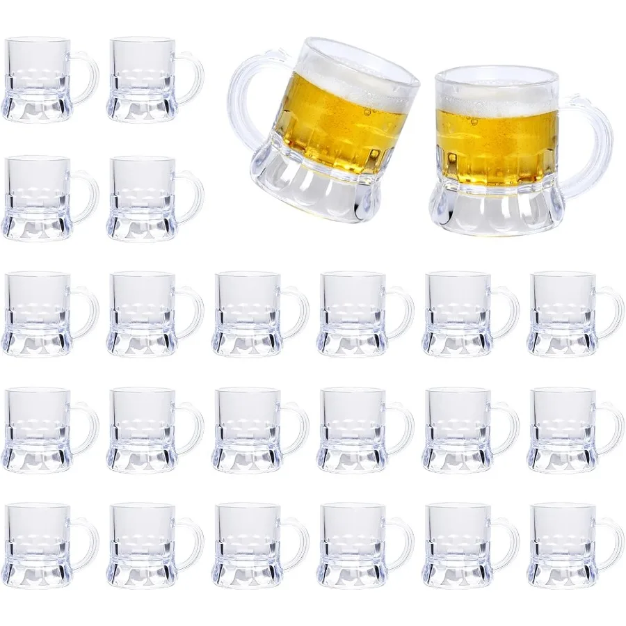 

Mini Beer Mugs 1 Oz Clear Plastic Shot Glasses with Handles for Party Ideal for Wedding Favors Birthday Celebrations and Cockta