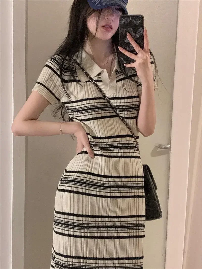 

Fashion Square Neck Stripe Long Dress Simple Beachwear Short Sleeve Knitted Dress Summer Knit Beach Striped Sundress