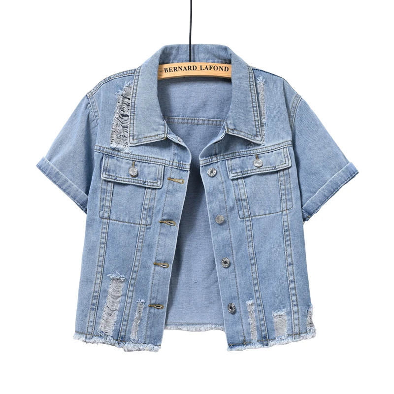 

Light Blue Short Denim Jackets Short Sleeve Women's Coat 2025 Summer New Single Breasted Lapel Hand Frayed Outwear Fashion Top