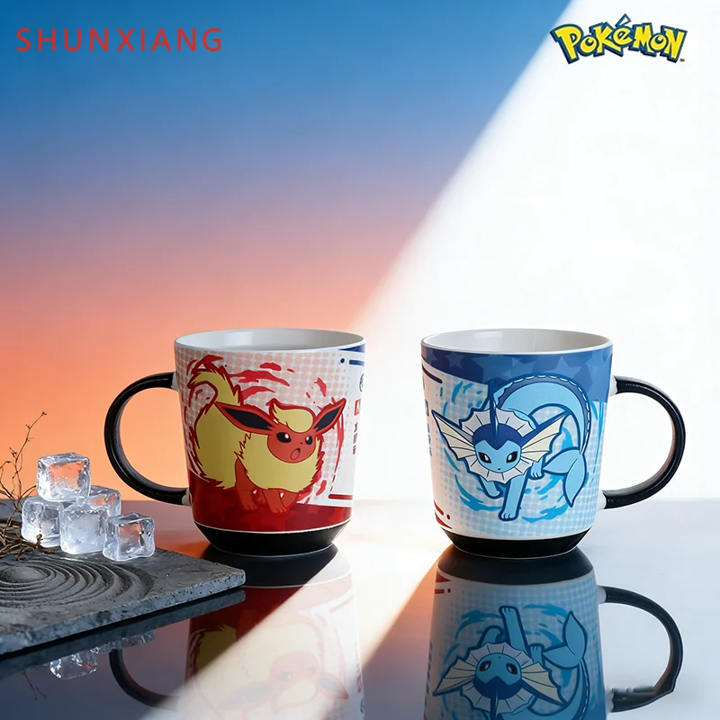 SHUNXIANG Pokémon Ceramic Mug Cartoon Vaporeon & Flareon Magic Color Reveal Home Cold& Hot Water Cup with Handle Drinkware Gifts