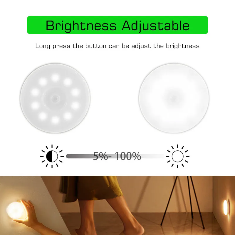 Motion Sensor LED Night Light Button Control Induction Nightlight USB Rechargeable Lamp Dimmable Light for Stairs Cabinet Closet