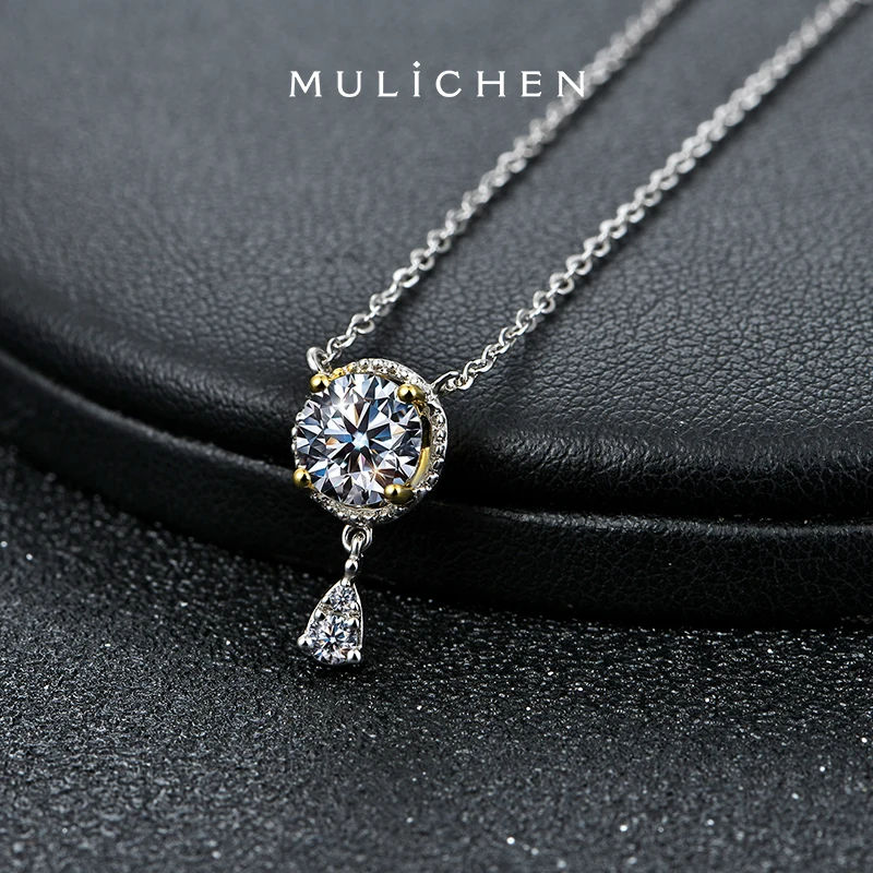 MULICHEN 1ct Moissanite Diamond Necklace For Women Silver 925 Plated With White Gold Pendants Jewelry Female Chain Necklace