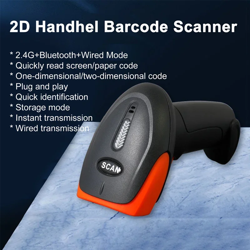 2D Handhel Barcode Scanner with Holder Portable 2.4G Wireless Bluetooth 1D 2D QR Code Reader Wired Bar Code Scanner with Stand