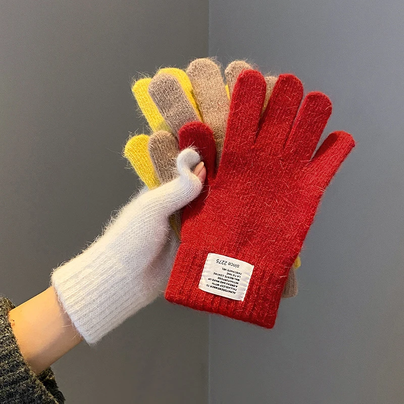 Luvas femininas de malha sólida outono inverno mão quente engrossar pulso curto feminino luvas de dedos completos inverno equitação esqui luvas