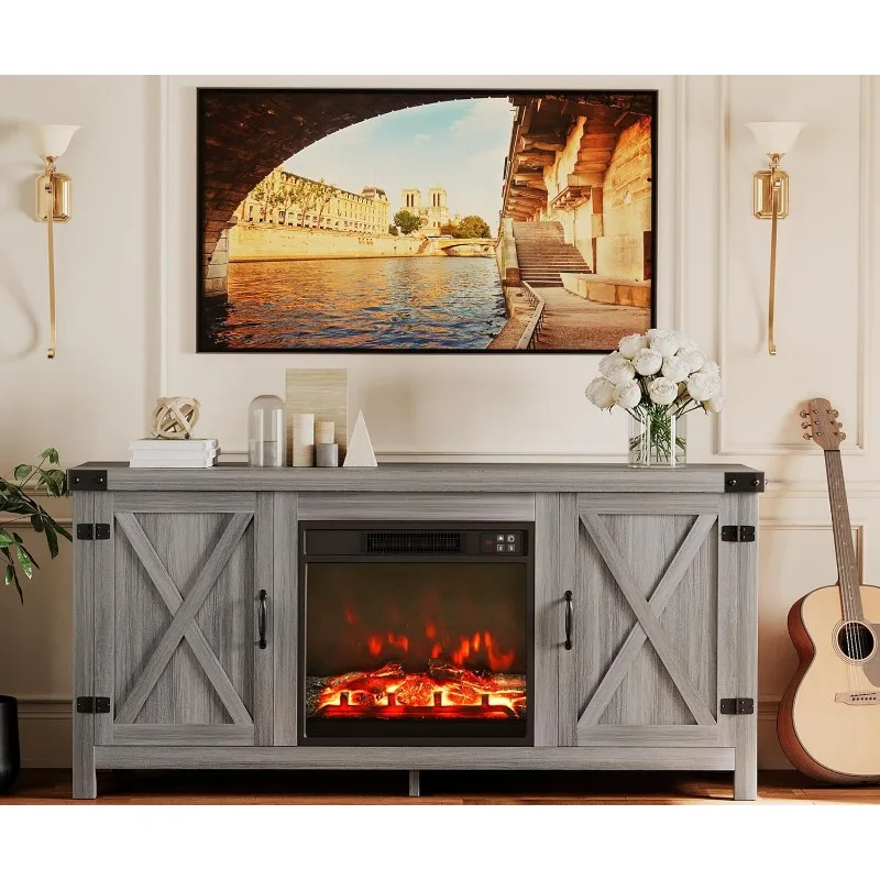 

Farmhouse Entertainment Center with Fireplace and Shelves, Double Barn Doors Storage Cabinets for TV
