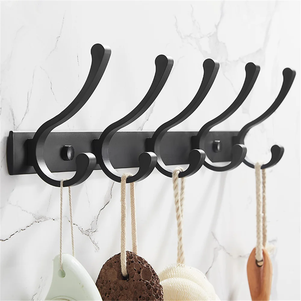 Bathroom Hook Wall Hanger for Coat Clothes Towel Keys with Sliding Hooks Black Hanging Rod Kitchen Bedroom Hallway Balcony Rack