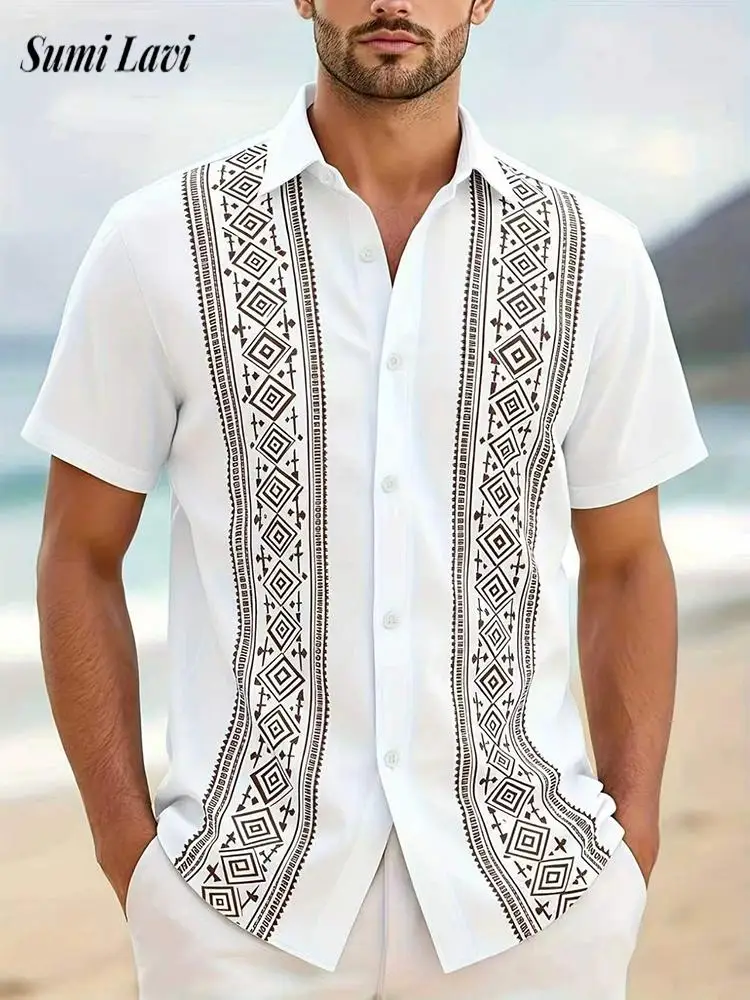 Fashion Lapel Patchwork Mens Shirts Summer Vacation Striped Print Short Sleeve Tops Vintage Loose Buttoned Men Shirt Tops
