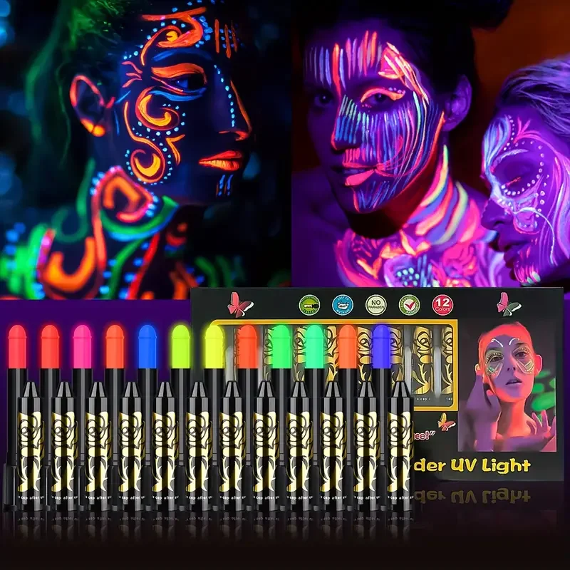 12 Pieces UV Neon Face Painting, Glow in the Dark Under UV Lights Face Painting Crayon SticksMardi Gras Party Halloween Makeup