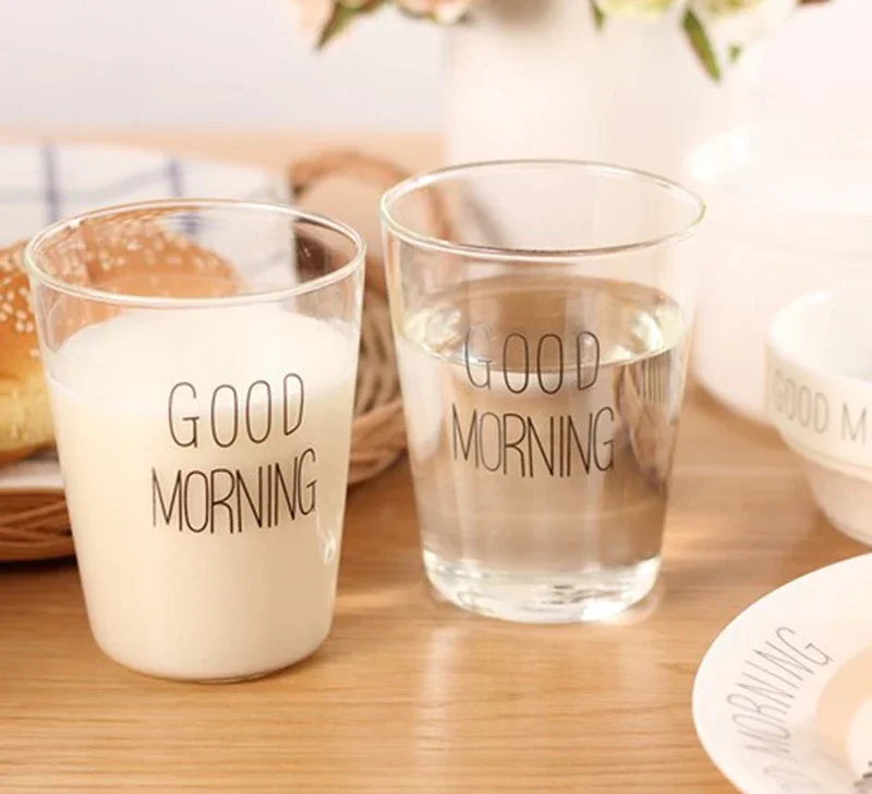 Heat-resistant Glass Mug 330ml Brief Style Good Morning Glass Breakfast Cups Glassware Cups Mugs for Milk Smoothie Drinkware