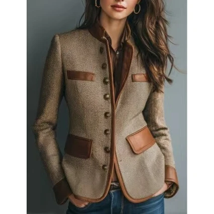 Retro Velvet Color Block Suit Jacket Women's Woolen Coat Princess Style Slim Fit Long Sleeve Midi Length Striped Pattern
