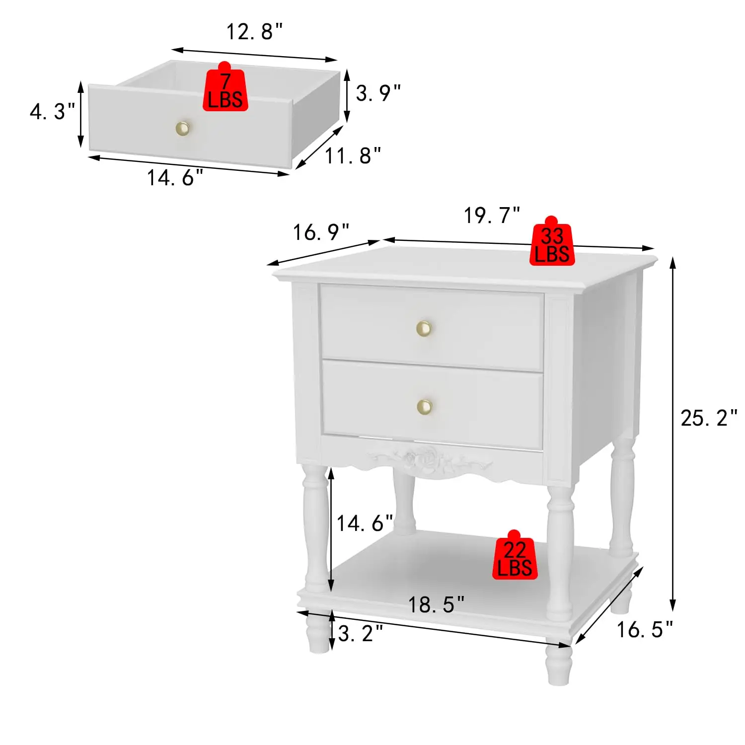 White Accent Nightstand With 2 Drawers, Bottom Shelf & Carve Pattern, Modern Wooden Night Stand Bedside Table,, Customized