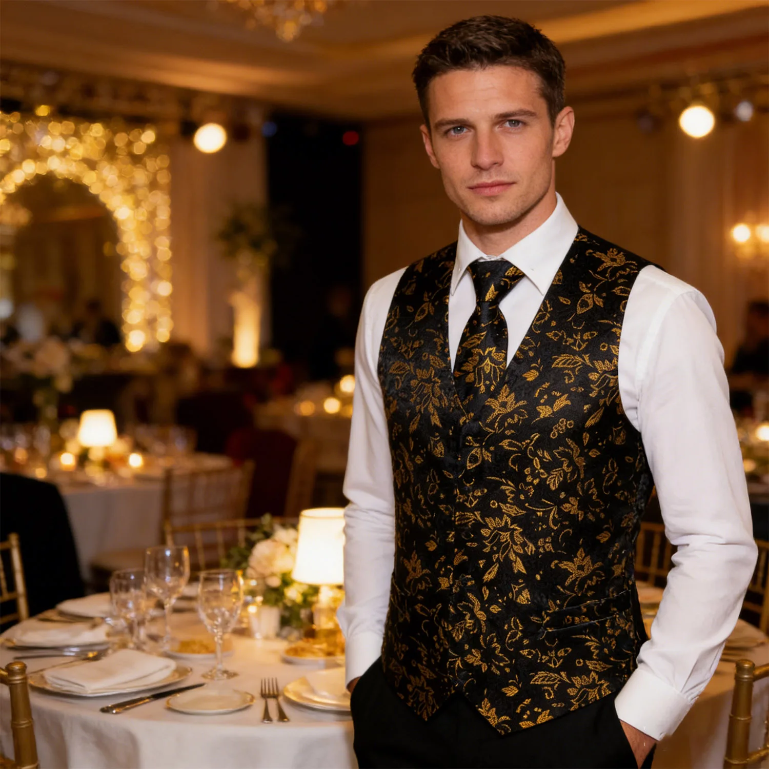 Men's Luxury Golden Black Floral Paisley V-Collar Vest Waistcoat With Hankerchief Cufflinks Fit Wedding Party Gift Daily