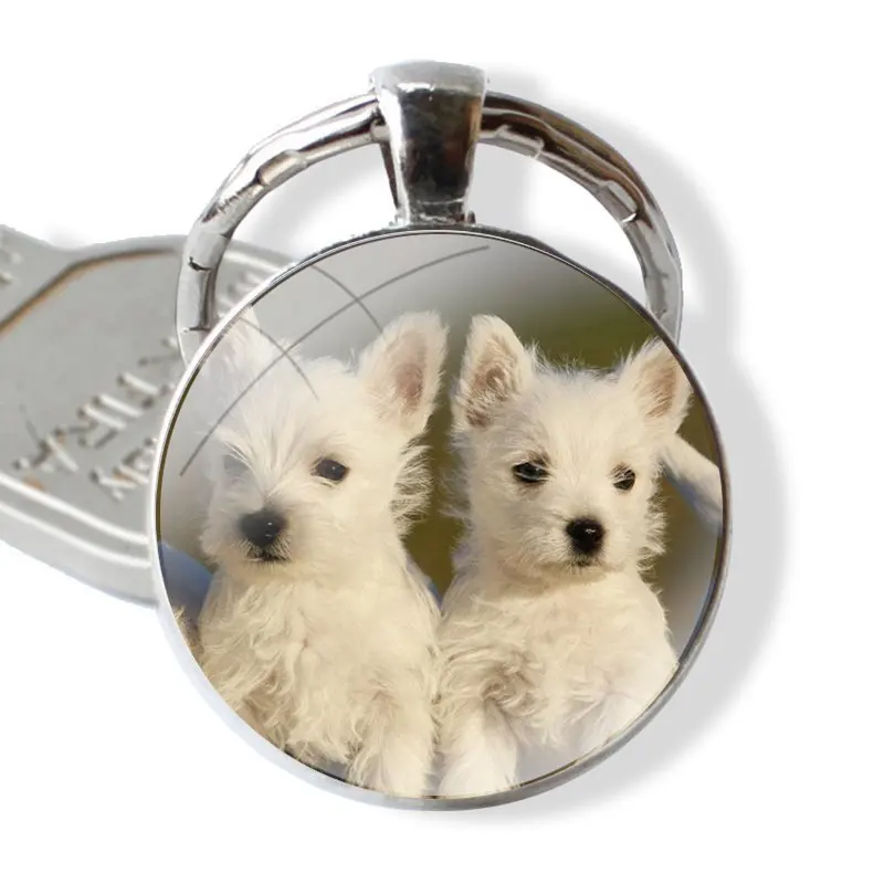 Cute Lover Fashion Keychain Handmade Glass Cabochon Key Ring Holder Pendant Key Chains Westie Terrier Dog Puppy Highland Terrier