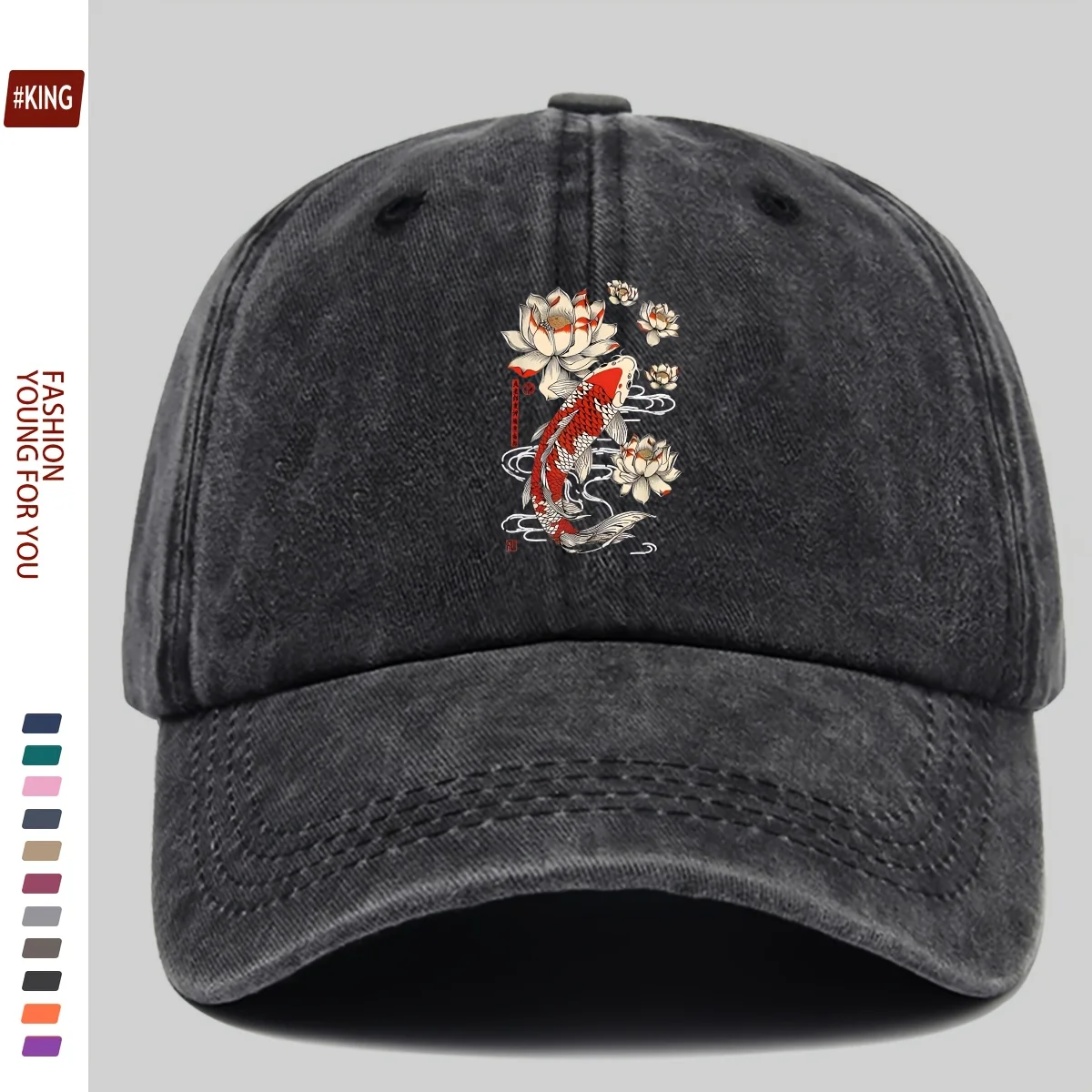 new Vintage Washed Black Baseball Cap Koi Lotus Print Adjustable Dad Hat Unisex Cotton Casual Streetwear for Japanese Art Fans