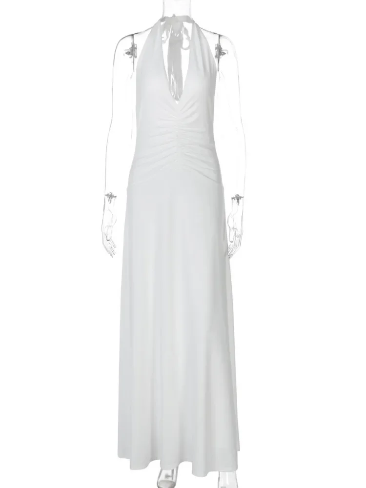 V Neck Sleeveless Ruched Sexy Maxi Dress For Women White Halter Backless Lace-up Bodycon Club Party Long Dresses Female