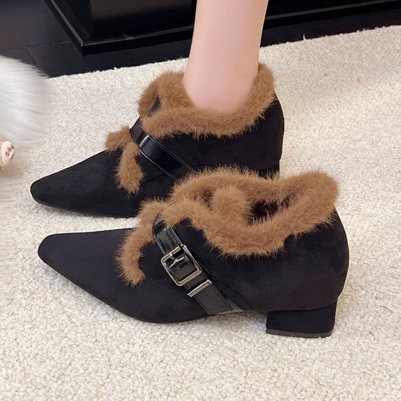 الفراء النساء أحذية أنيقة أشار تو عالية الكعب أحذية الجلد المدبوغ مثير تشيلسي الاتجاه الأحذية مصمم 2025 جديد الشتاء حذاء من الجلد Mujer #3