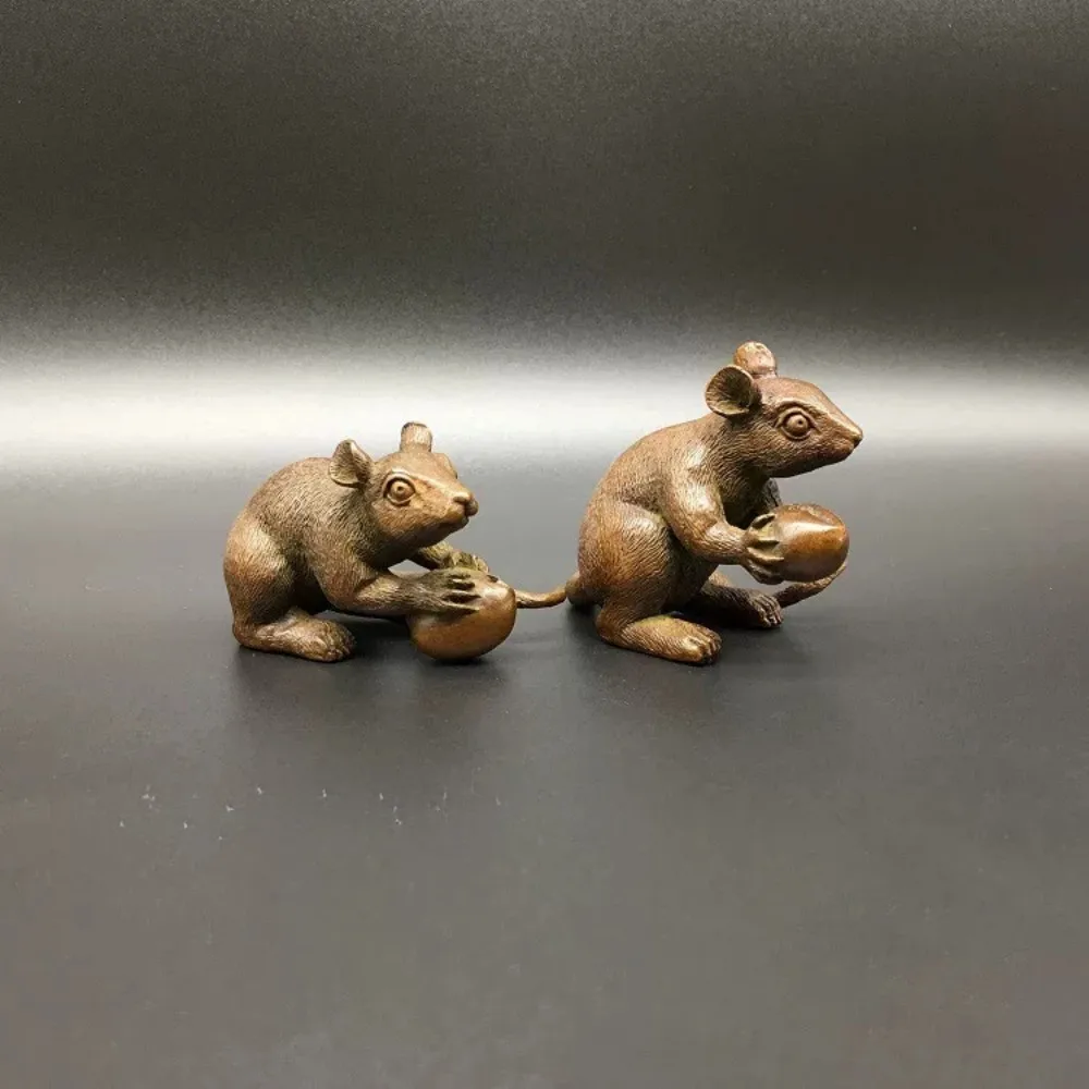 Solid Brass Pair of Zodiac Rats Offering Peach Incense Holder Tea Pet Desk Decor Gift