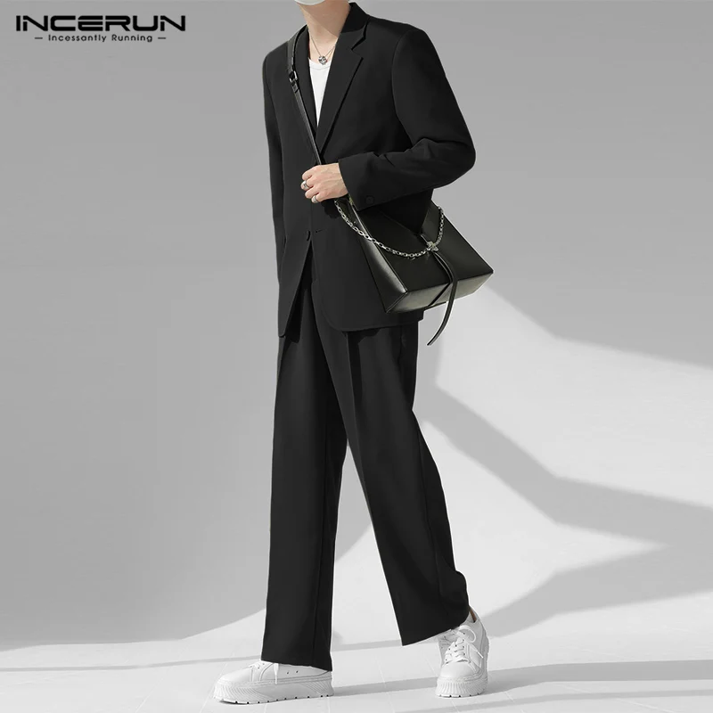 INCERUN Men Sets Solid Color Streetwear Laple Long Sleeve Button Blazer & Pants 2PCS 2024 Korean Fashion Men Casual Suits S-5XL