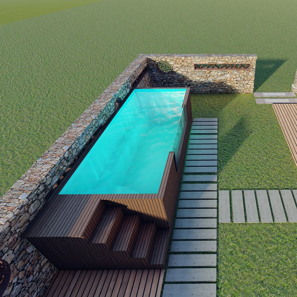 Piscina de Jardín con Ventanas de Acrílico, Fibra de Vidrio, Madera, WPC, Mini Spa, Piscina Elevada para Exteriores