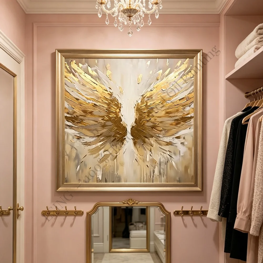 100% Hand Painted Oil Painting Canvas Wall Art Angel Wings Golden Gold Foil Abstract Modern Luxury Home Decor Living Room Art