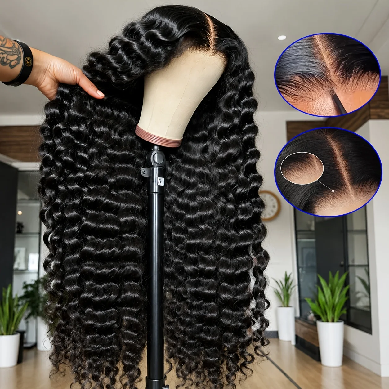 Brazilian Human Hair 5X5 HD Transparent Lace Frontal Wig - Natural Black Deep Curly/Deep Wave Hair Suitable for Women & Men, Natural Look for Casual Attire, Christmas Deals/Black Friday - Transparent Lace Front, Brazilian Hair