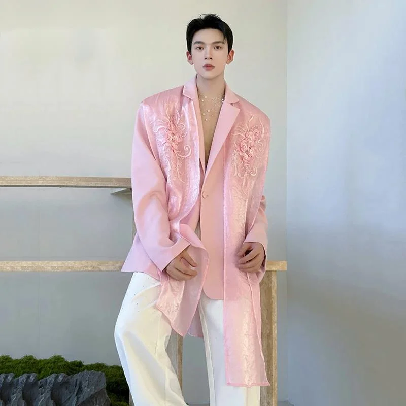 2026 Autumn New Fashion Pink Men's Blazer Personalized Embroidered Flowing Loose Suit Jacket Single Button Design 9GJ3M